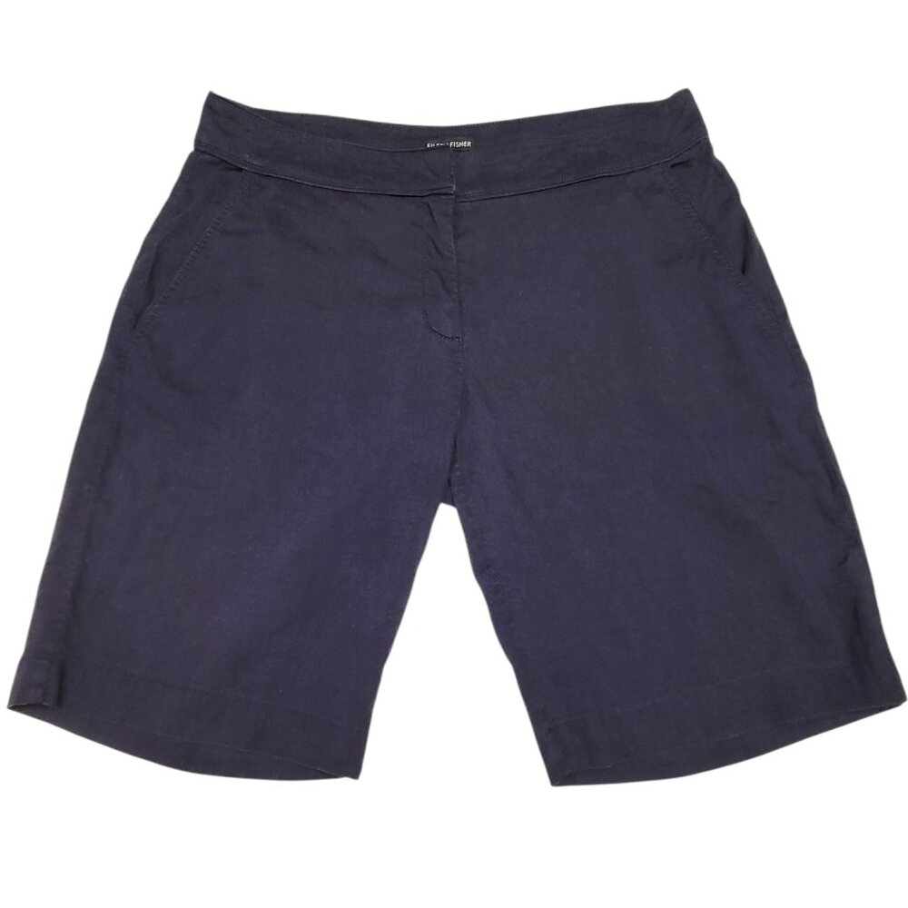 Eileen Fisher Bermuda Shorts Womens Size 12 Navy Linen Blend 10" Inseam Walking